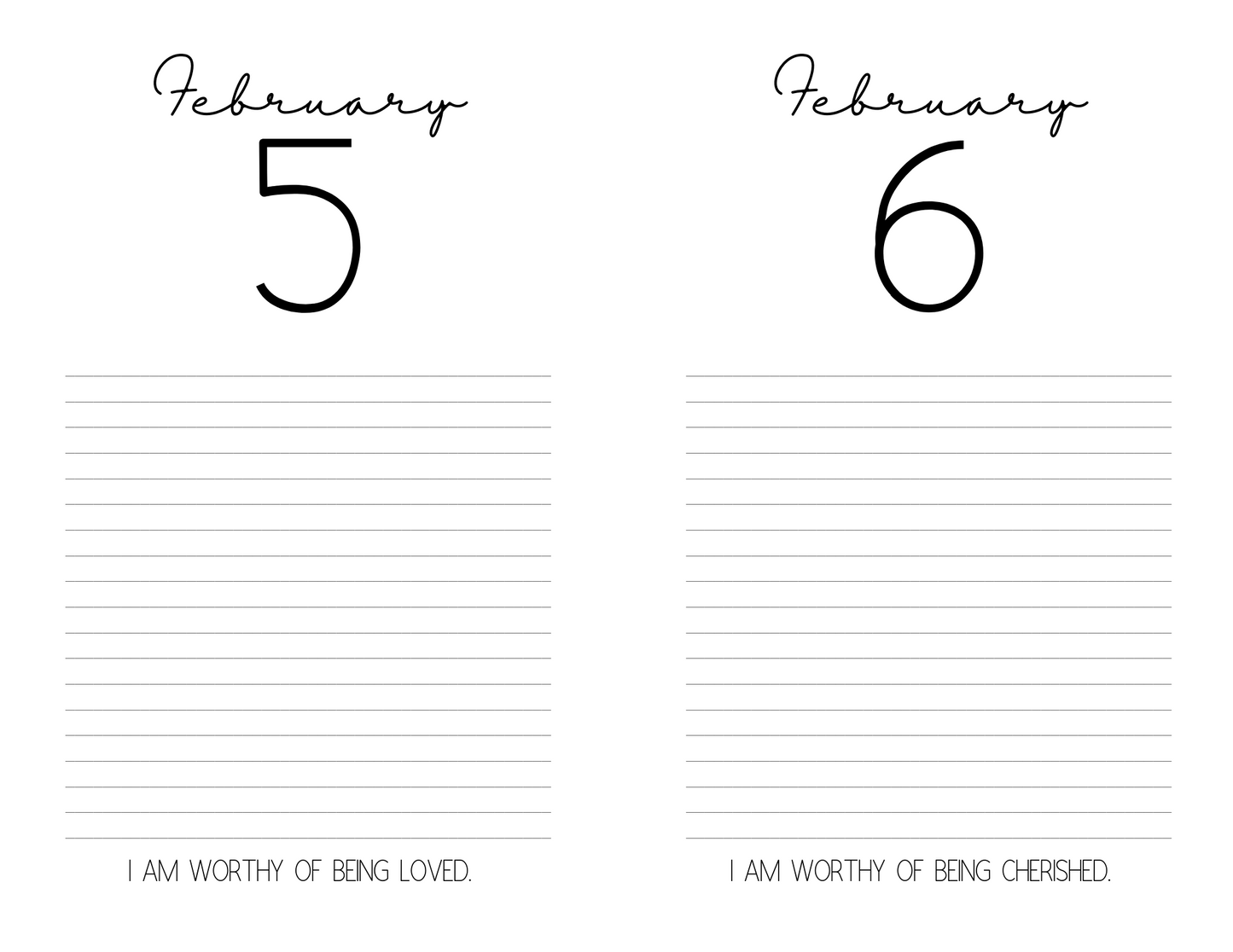 February Daily Self Love Affirmations Journal Pages Printable