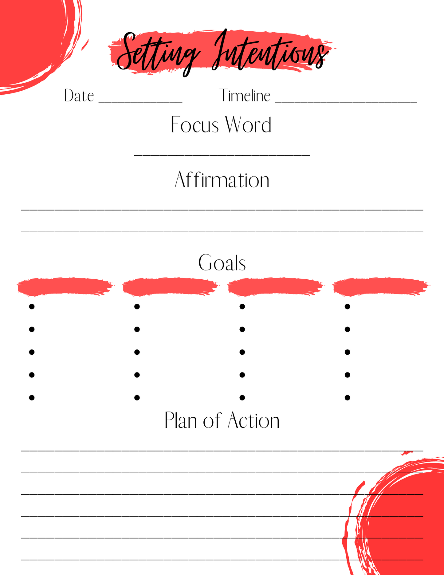 Setting Intentions Goal Setting Printable
