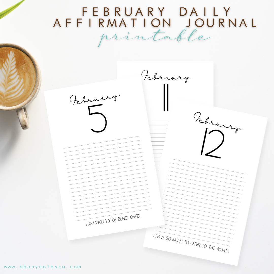 February Daily Self Love Affirmations Journal Pages Printable